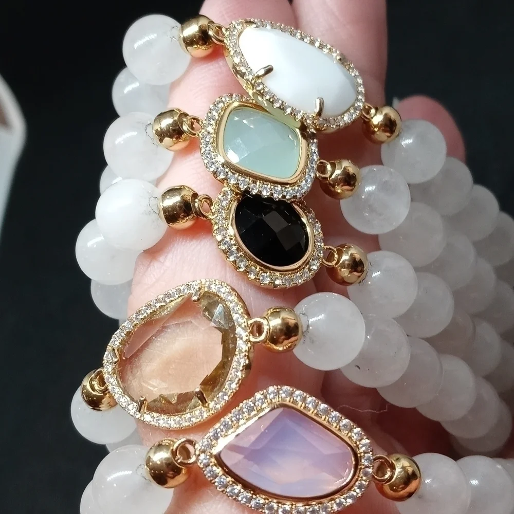 Stretchy Moonstone bracelet with rhinestone accent